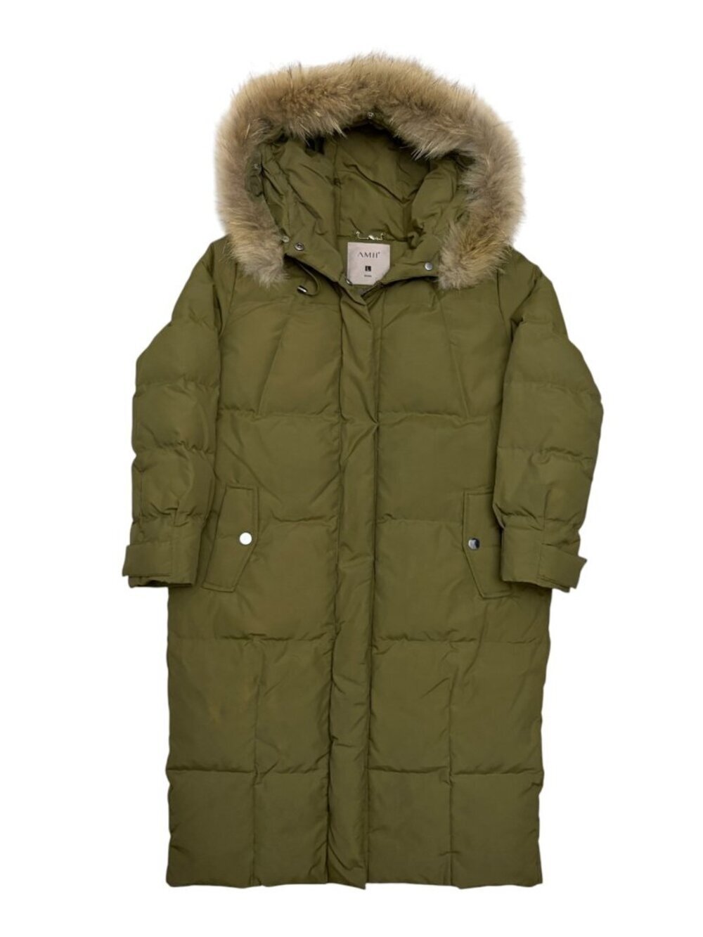 AMII Genuine Fur Coat Green Winter Puffer Long Parka Jacket Womens Large